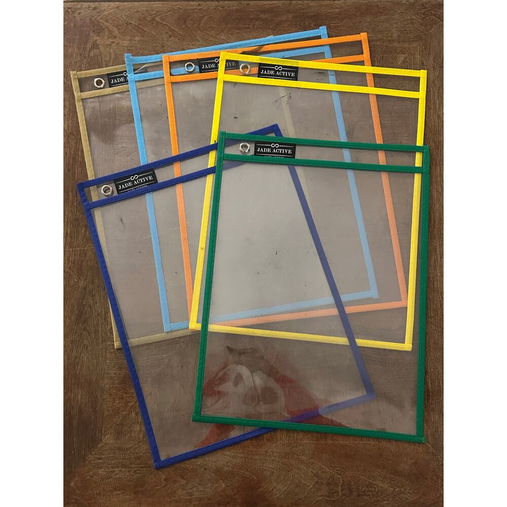 Set of 6 Dry Erase Pockets – Mixed Colors – Used – Reusable Classroom Sleeves
